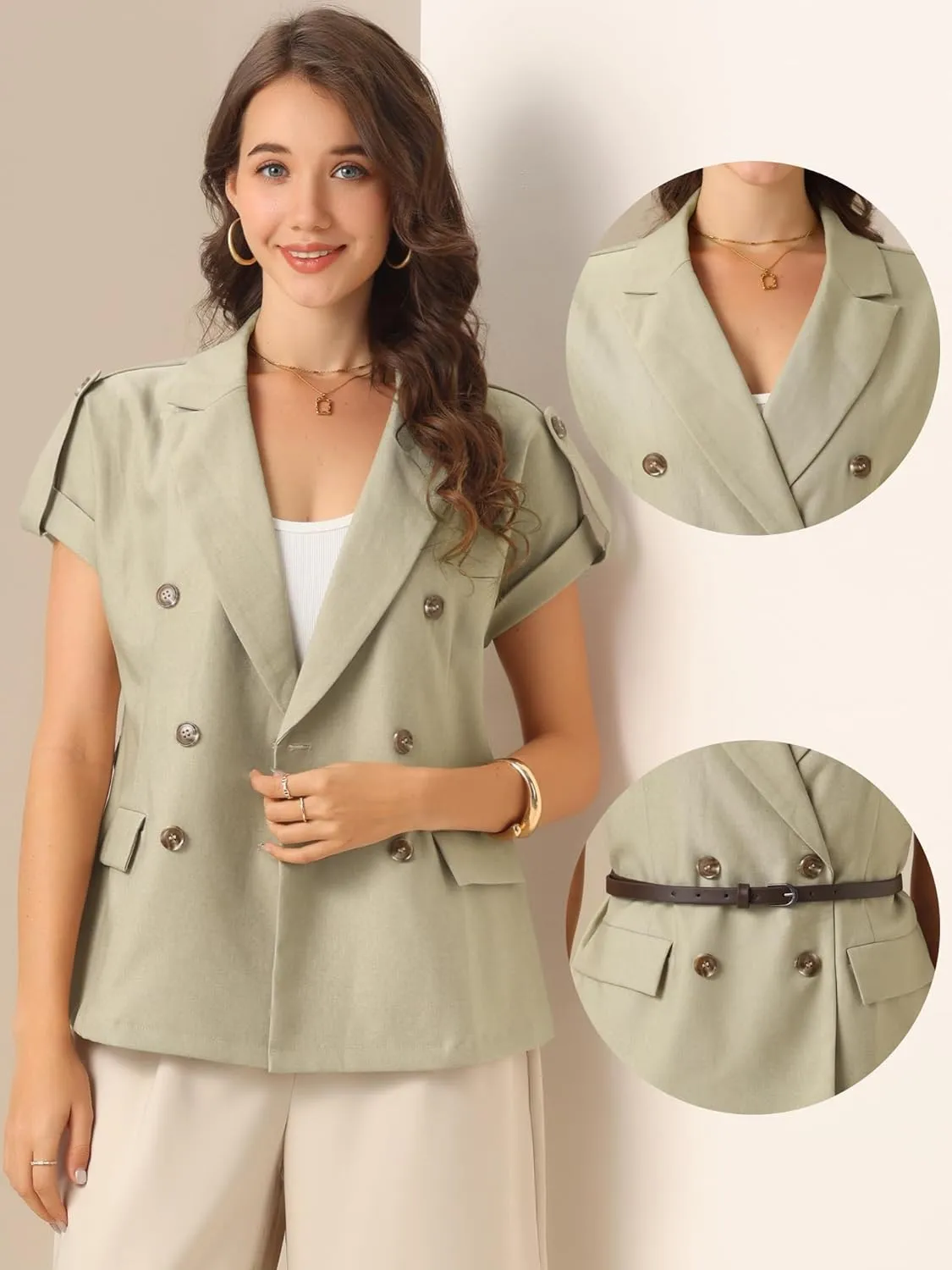 Allegra K Casual Work Blazer for Women's Summer Short Sleeve Double Breasted Blazer Jacket with Belt