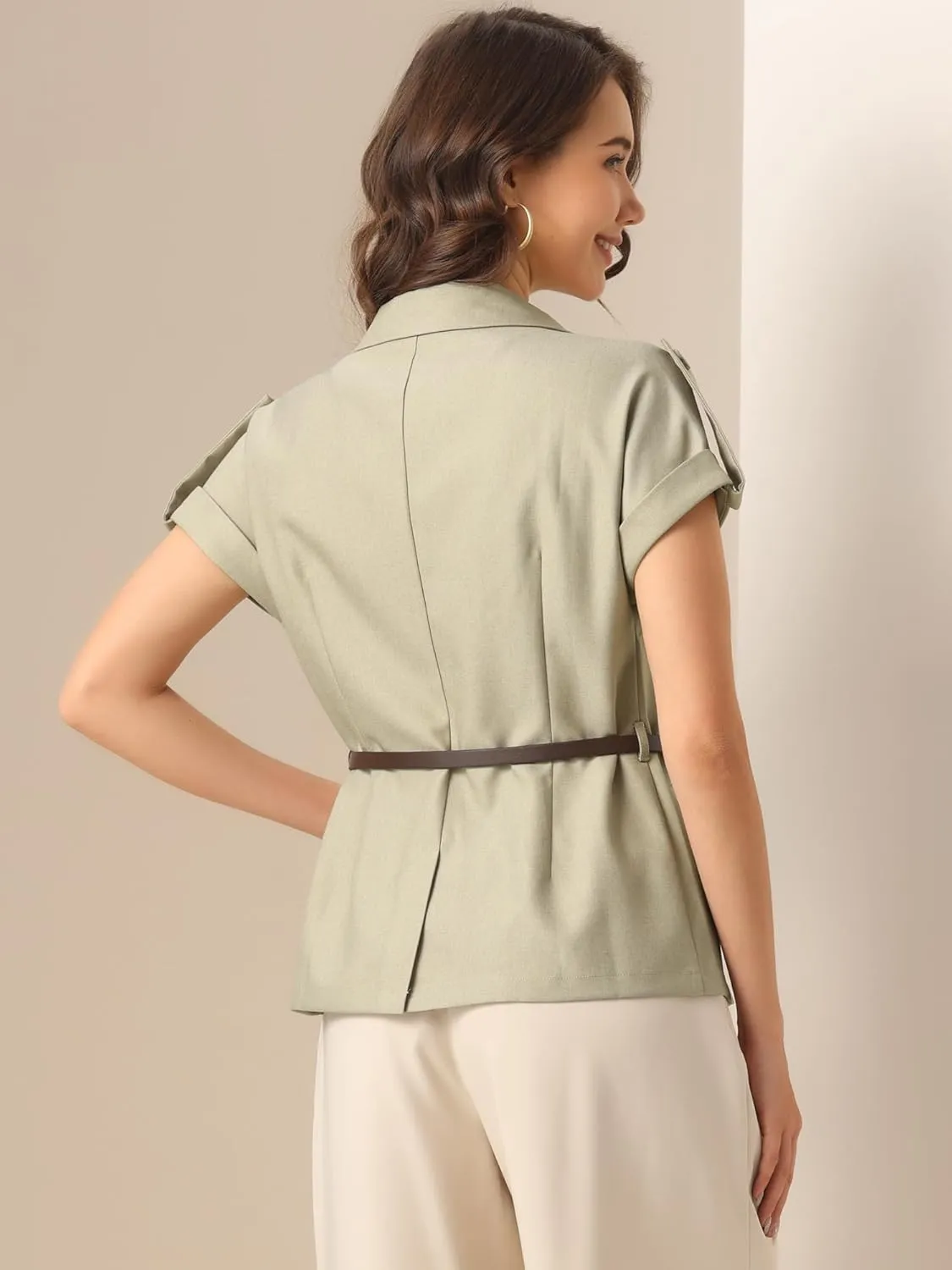 Allegra K Casual Work Blazer for Women's Summer Short Sleeve Double Breasted Blazer Jacket with Belt