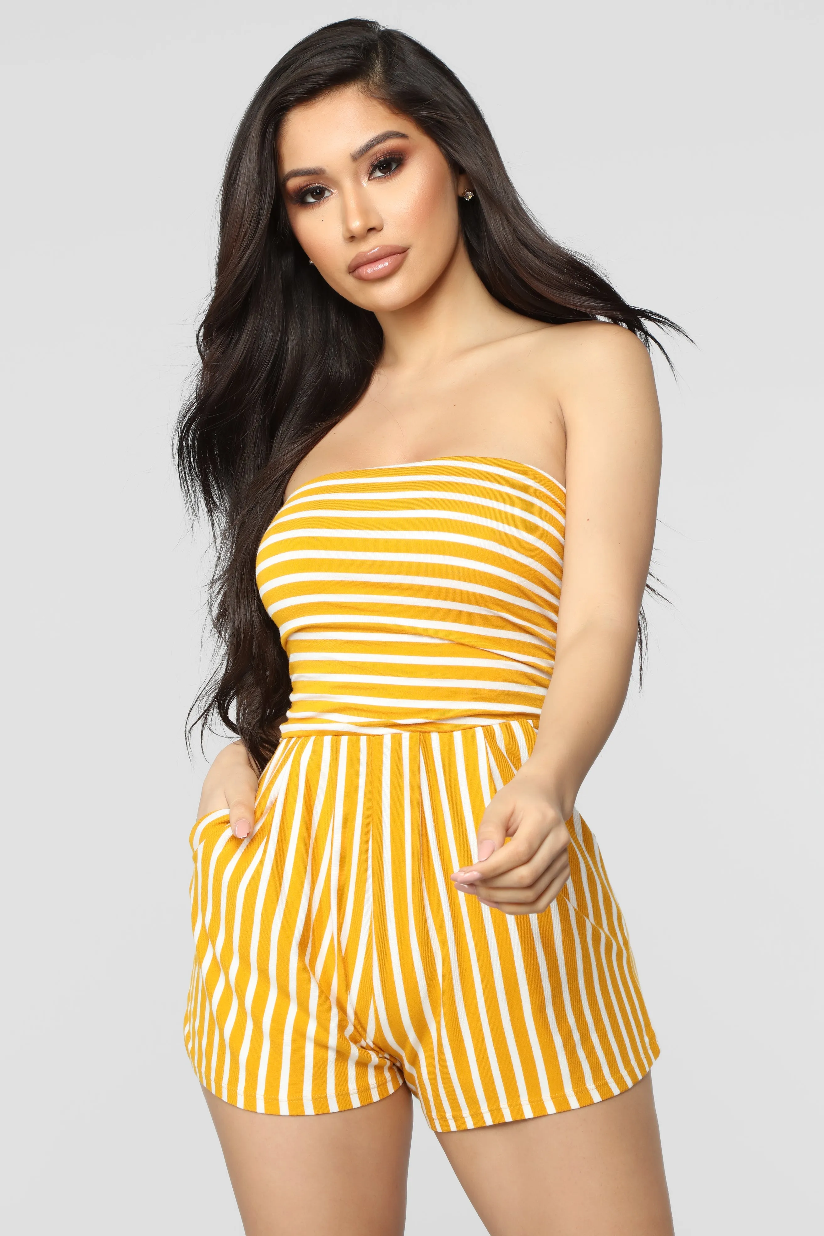 Anchors Up Striped Romper - Mustard/White