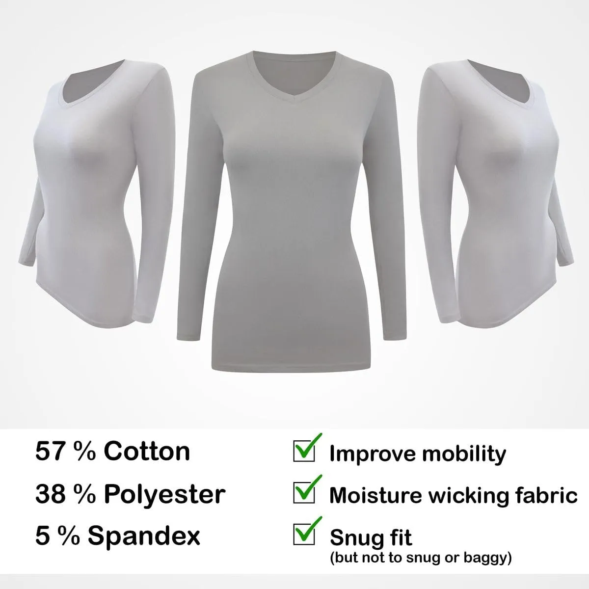 BaHoki Essentials Long Sleeve V-Neck Undershirts - Great Stretch and Layering Piece - 5 Pack