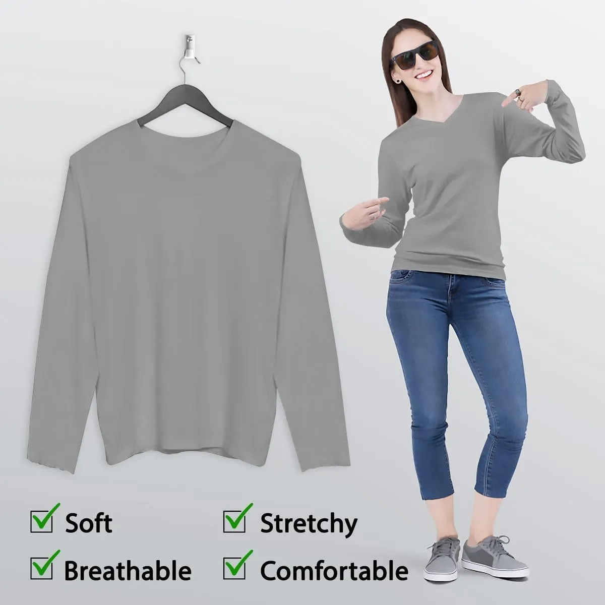 BaHoki Essentials Long Sleeve V-Neck Undershirts - Great Stretch and Layering Piece - 5 Pack