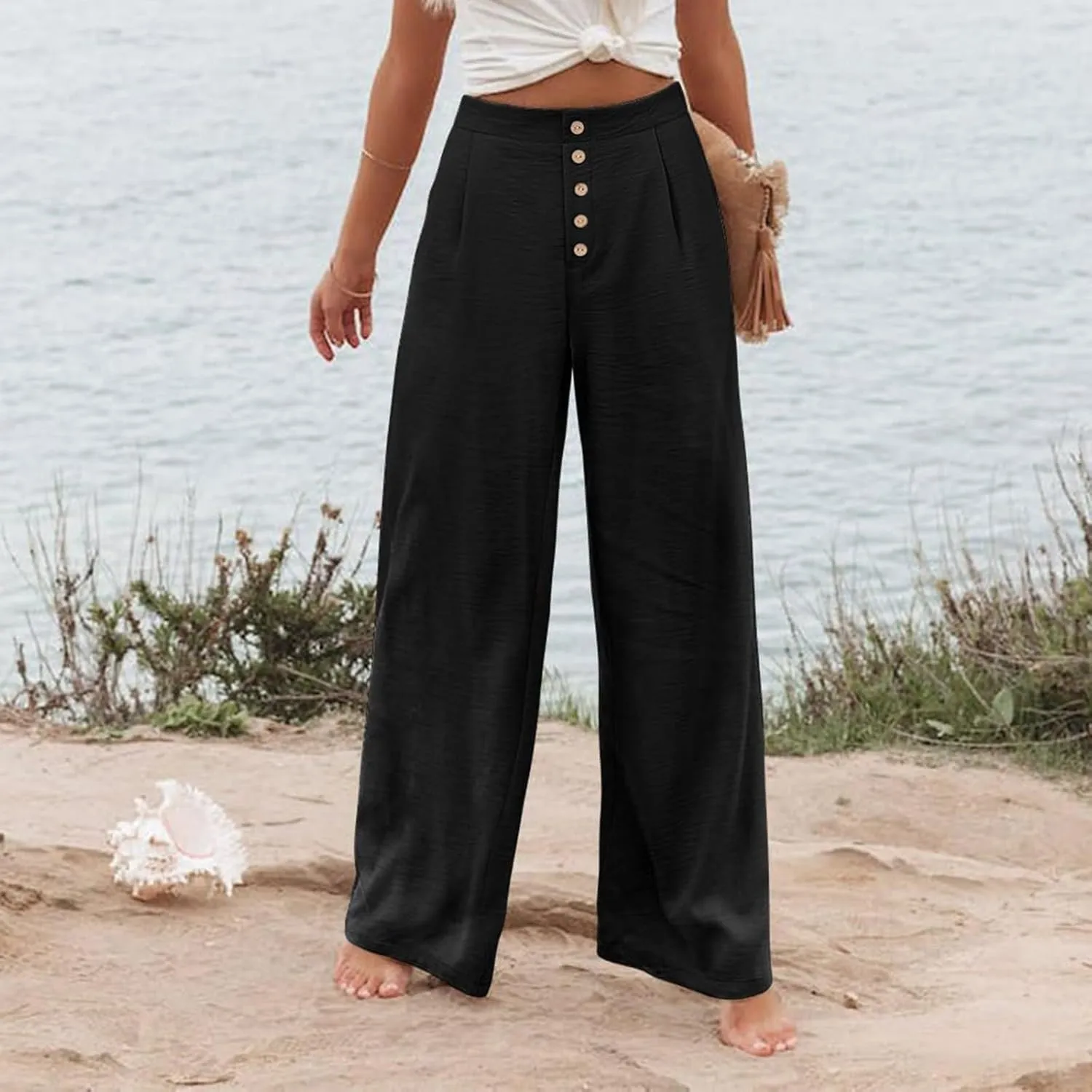 Beach Cover Up Pants for Women 2025 Baggy Y2K Summer Stretchy Boho Beach Pants High Waist Plus Size Lounge Palazzo Trousers
