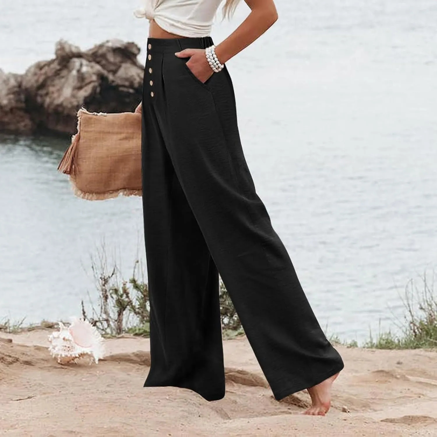 Beach Cover Up Pants for Women 2025 Baggy Y2K Summer Stretchy Boho Beach Pants High Waist Plus Size Lounge Palazzo Trousers