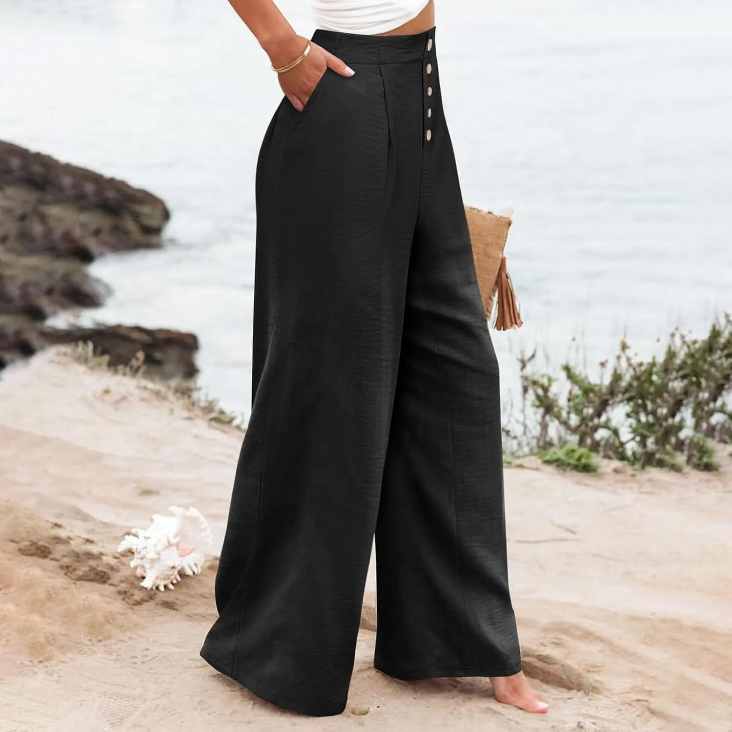 Beach Cover Up Pants for Women 2025 Baggy Y2K Summer Stretchy Boho Beach Pants High Waist Plus Size Lounge Palazzo Trousers