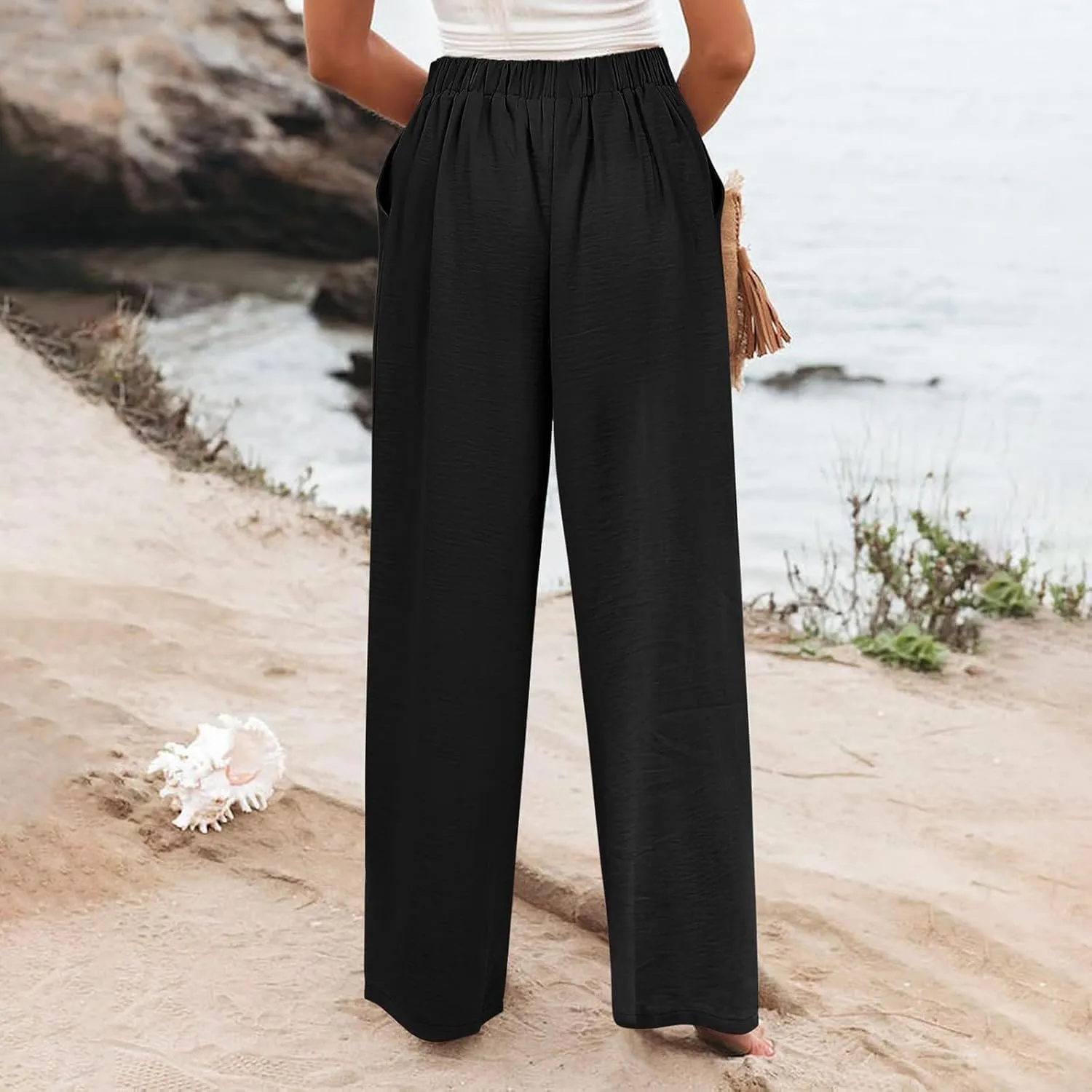 Beach Cover Up Pants for Women 2025 Baggy Y2K Summer Stretchy Boho Beach Pants High Waist Plus Size Lounge Palazzo Trousers