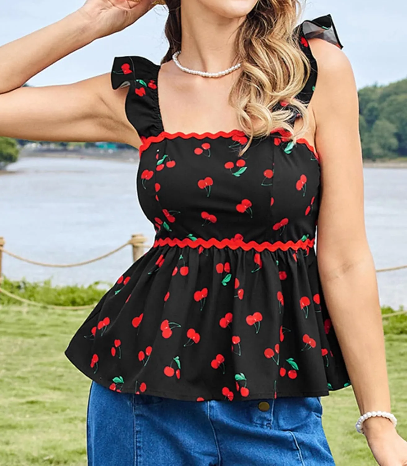 Belle Poque Womens Summer Cute Tops Square Neck Peplum Top Babydoll Ruffle Sleeveless Top Vintage Tops Trendy 2025