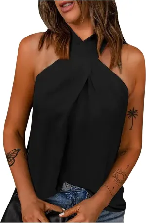 Binmer Womens Crisscross Halter Tops Summer Fashion Blouse Off Shoulder Sleeveless Shirts Casual Loose Solid Tunic Vest Camis