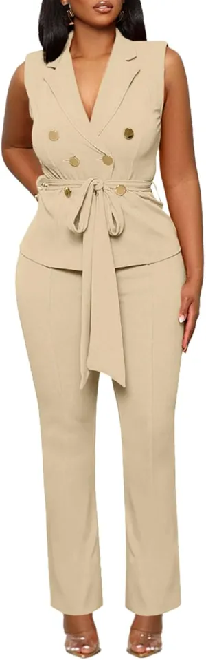 Blazer Pants Suits for Women Dressy Sleeveless Vest with Belt Wide Leg Pants 2 Piece Outfits Business Set Casual Suiting