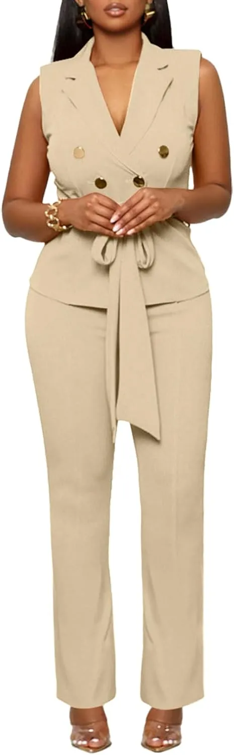 Blazer Pants Suits for Women Dressy Sleeveless Vest with Belt Wide Leg Pants 2 Piece Outfits Business Set Casual Suiting