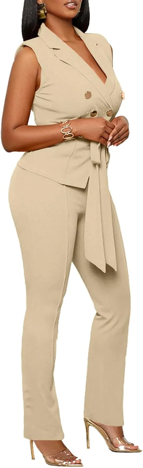 Blazer Pants Suits for Women Dressy Sleeveless Vest with Belt Wide Leg Pants 2 Piece Outfits Business Set Casual Suiting