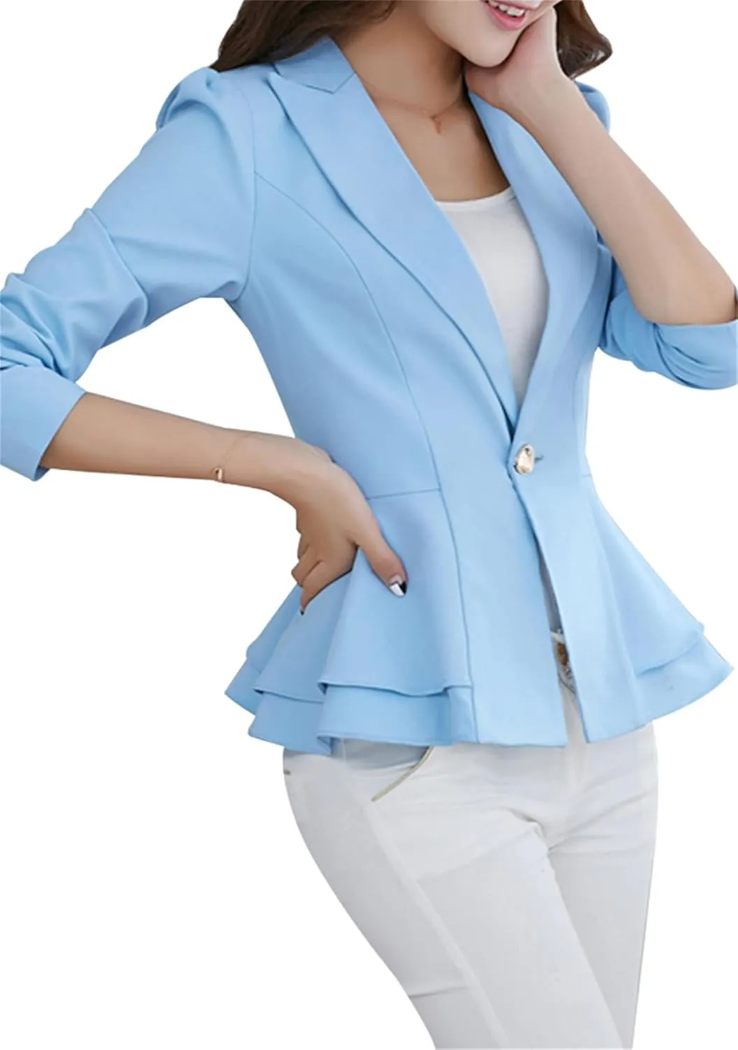 BOFETA Women's Long Sleeve Blazer One Button Solid Color Business Jacket Blazer Notched Collar Slim Oversized Office Coat