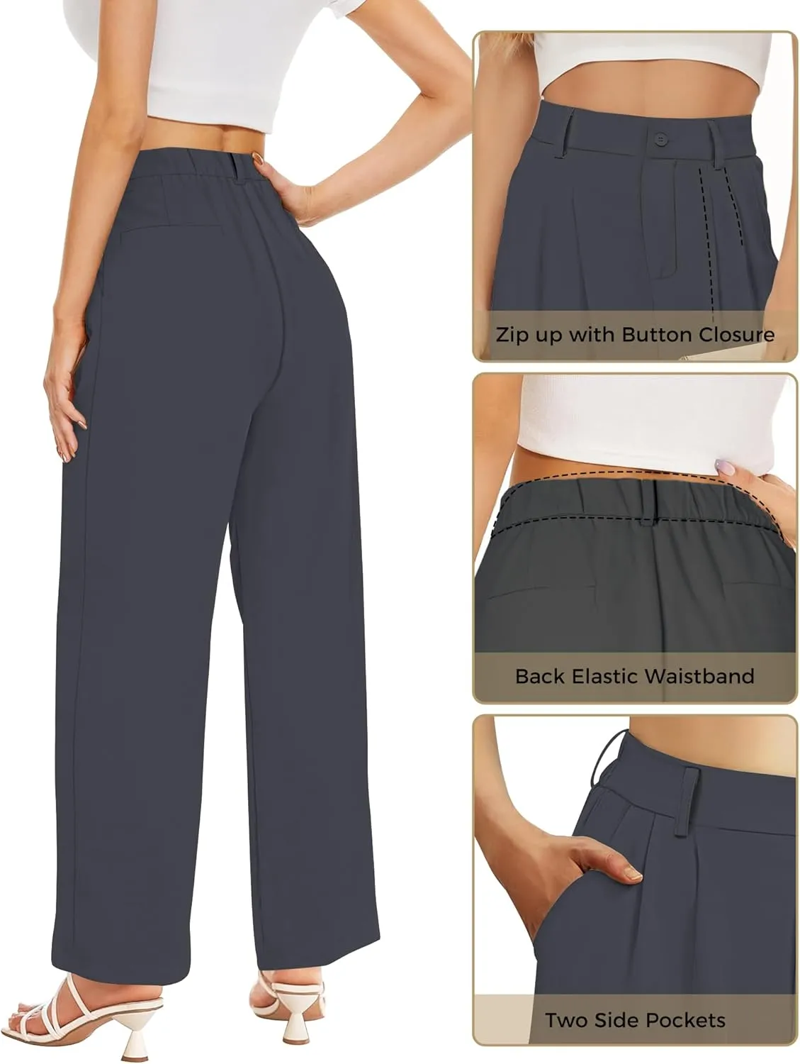 Buauty Womens Wide Leg Pants High Stretchy Waisted Dress Pants Business Casual Work Trousers Dressy Outfits with Pockets