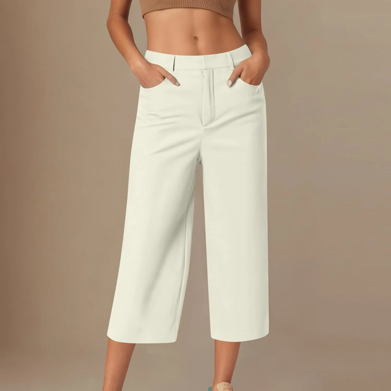 Capri Pants for Women Business Casual Loose Fit Work Cropped Trousers High Waisted Stretchy Capris with Pockets
