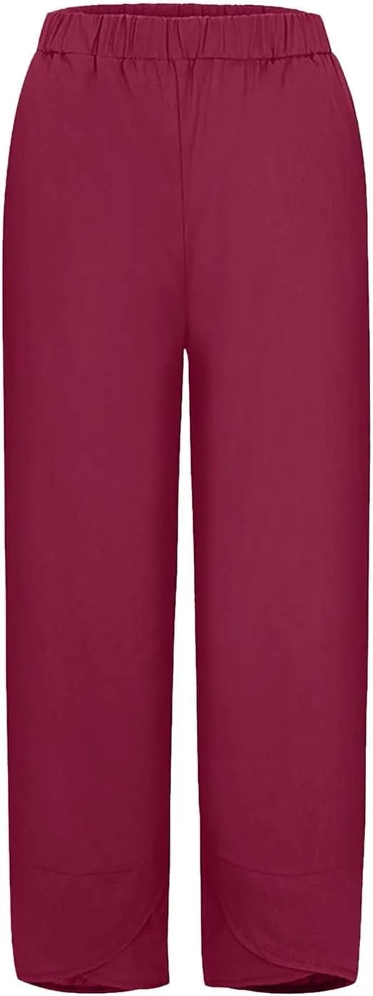 Capri Pants for Women Casual Summer Cotton Linen Pants Cropped Comfy Baggy Palazzo Wide Leg Trousers with Pockets