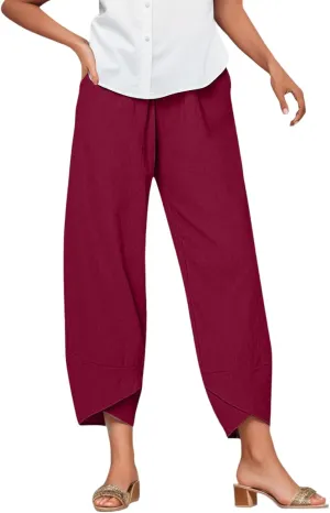 Capri Pants for Women Casual Summer Cotton Linen Pants Cropped Comfy Baggy Palazzo Wide Leg Trousers with Pockets
