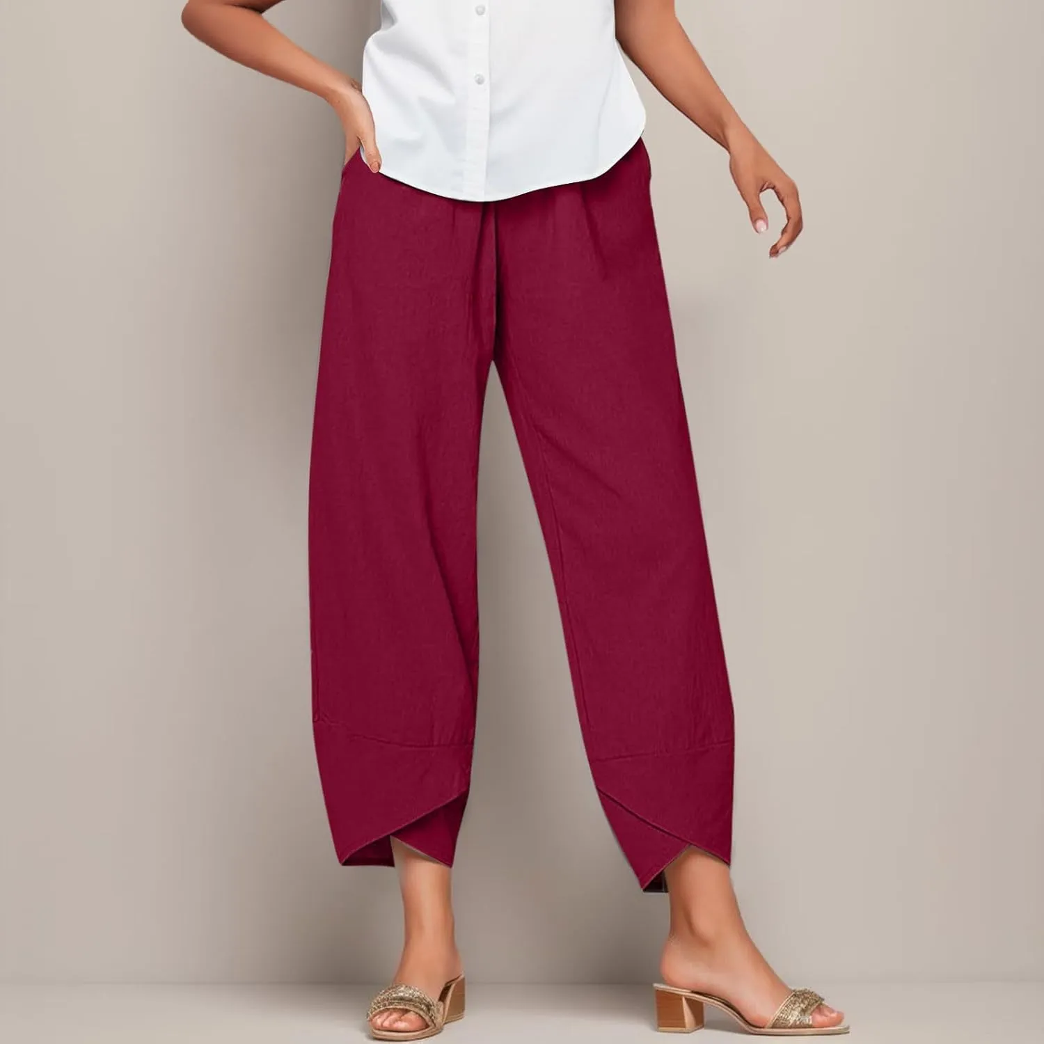 Capri Pants for Women Casual Summer Cotton Linen Pants Cropped Comfy Baggy Palazzo Wide Leg Trousers with Pockets