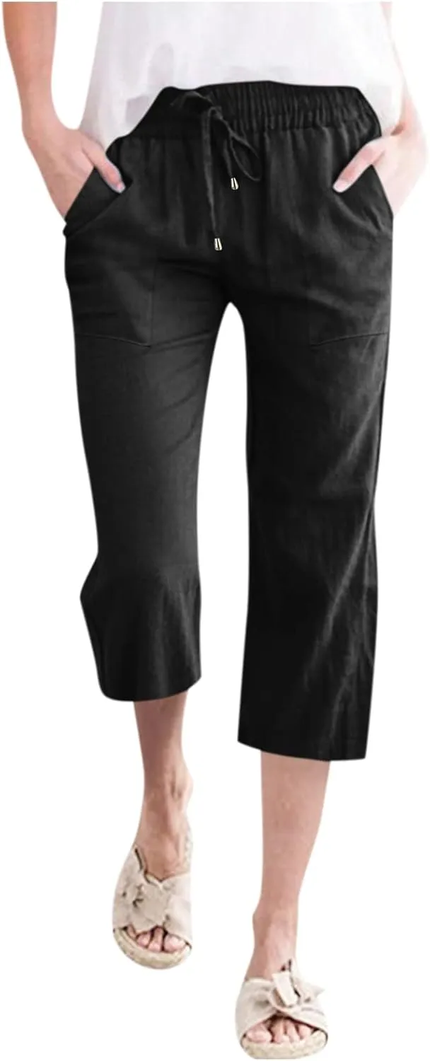 Capris Pants for Women Cotton Linen Casual Summer 2025 Straight Wide Leg Drawstring Elastic Waist Cropped Trouser
