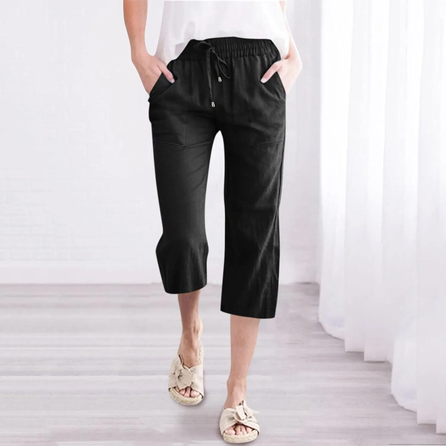 Capris Pants for Women Cotton Linen Casual Summer 2025 Straight Wide Leg Drawstring Elastic Waist Cropped Trouser