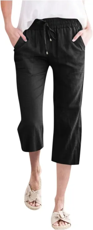 Capris Pants for Women Cotton Linen Casual Summer 2025 Straight Wide Leg Drawstring Elastic Waist Cropped Trouser
