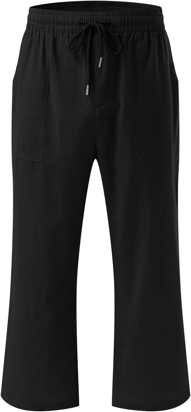 Capris Pants for Women Cotton Linen Casual Summer 2025 Straight Wide Leg Drawstring Elastic Waist Cropped Trouser