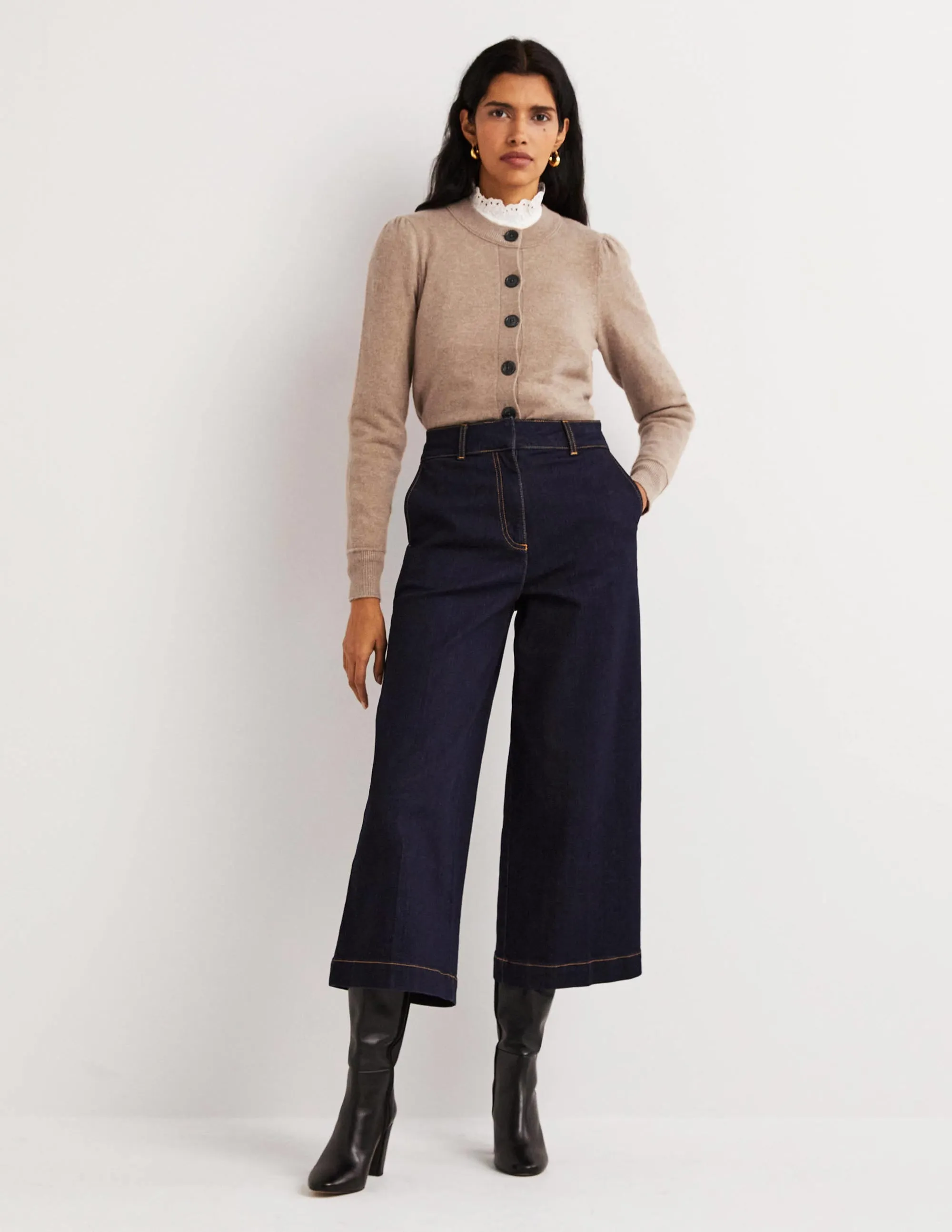 Cashmere Crew Neck Cardigan-Camel Melange