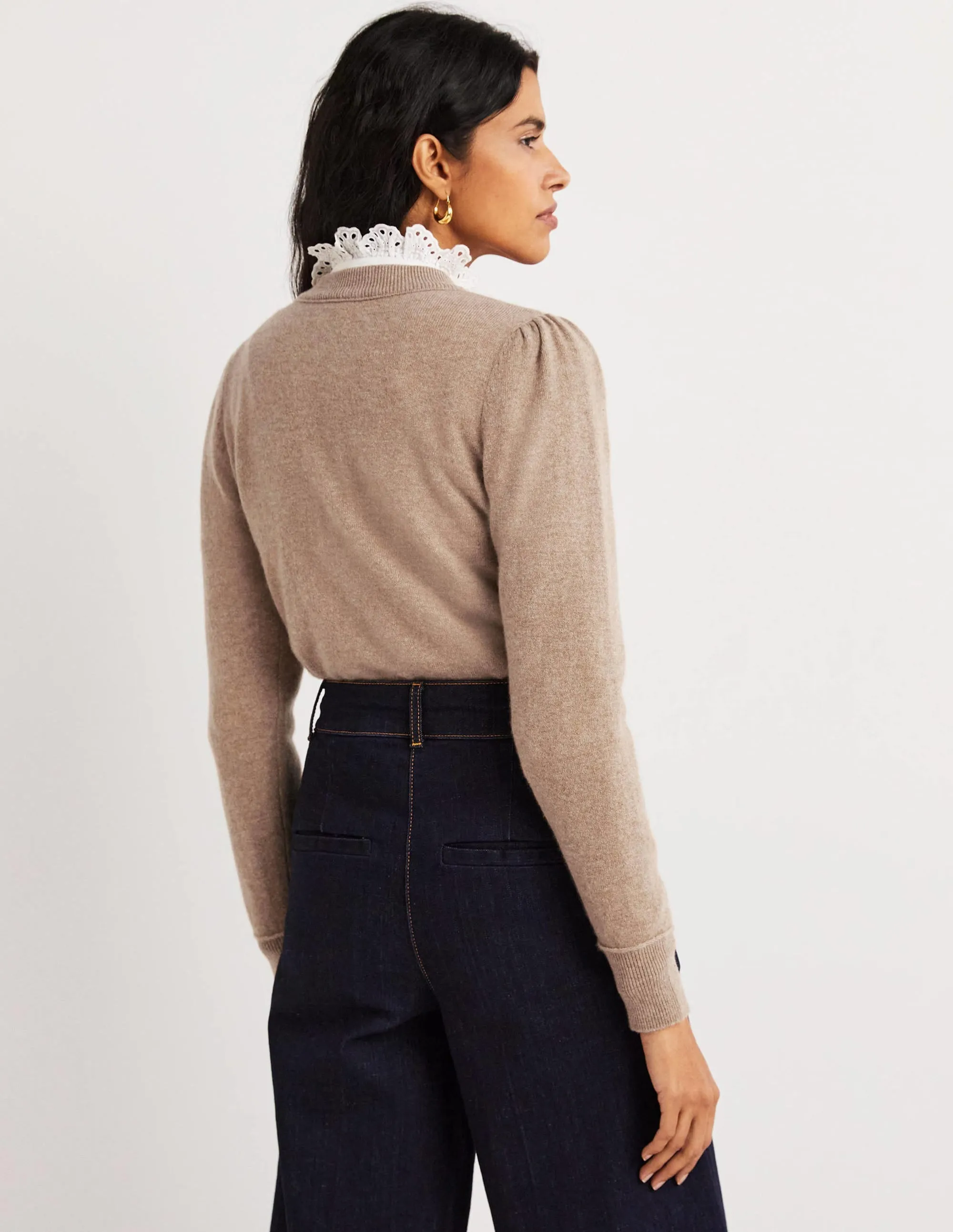 Cashmere Crew Neck Cardigan-Camel Melange