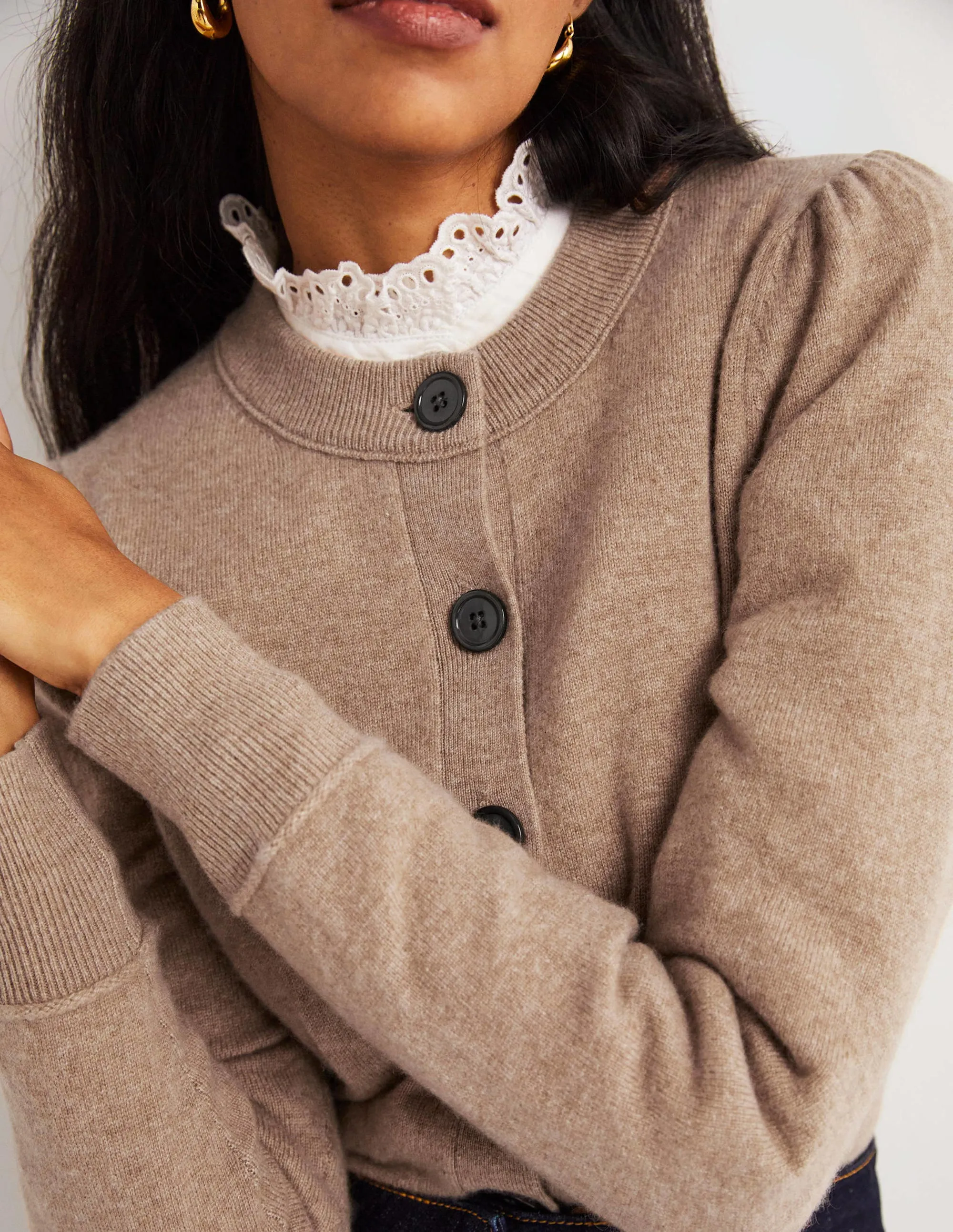 Cashmere Crew Neck Cardigan-Camel Melange