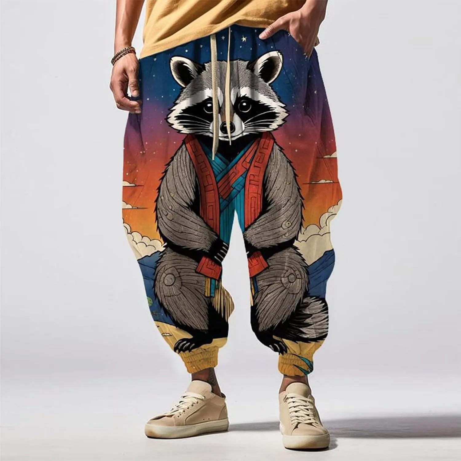 Casual Elastic Waist Trouser Hippie Yoga Pants Men's Autumn Fun Print Fashion Elastic Waist Drawstring Hippie