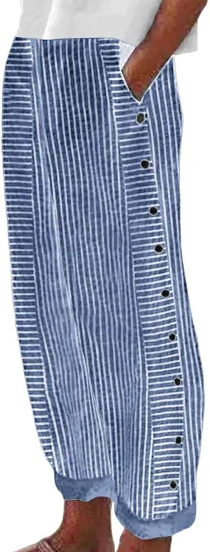 Casual Pants for Women Striped Side Button Elastic Waist Trendy Pants Straight Leg Lightweight Trousers with Pocket