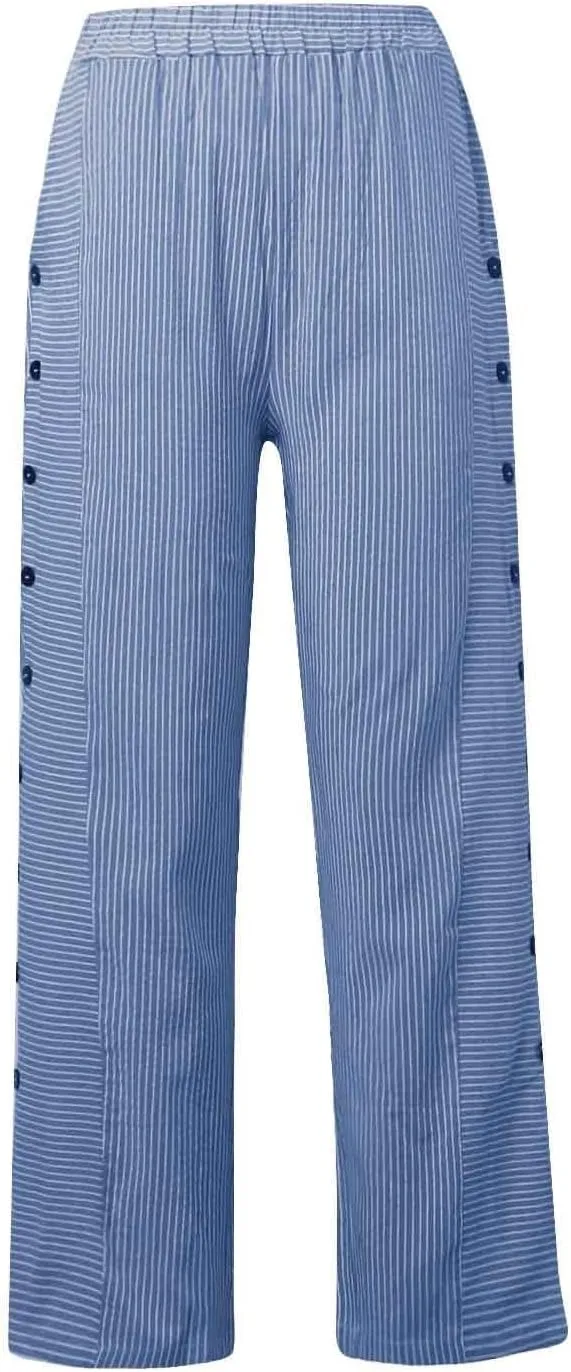 Casual Pants for Women Striped Side Button Elastic Waist Trendy Pants Straight Leg Lightweight Trousers with Pocket