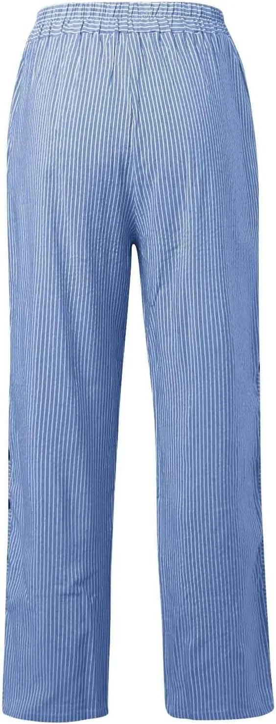 Casual Pants for Women Striped Side Button Elastic Waist Trendy Pants Straight Leg Lightweight Trousers with Pocket