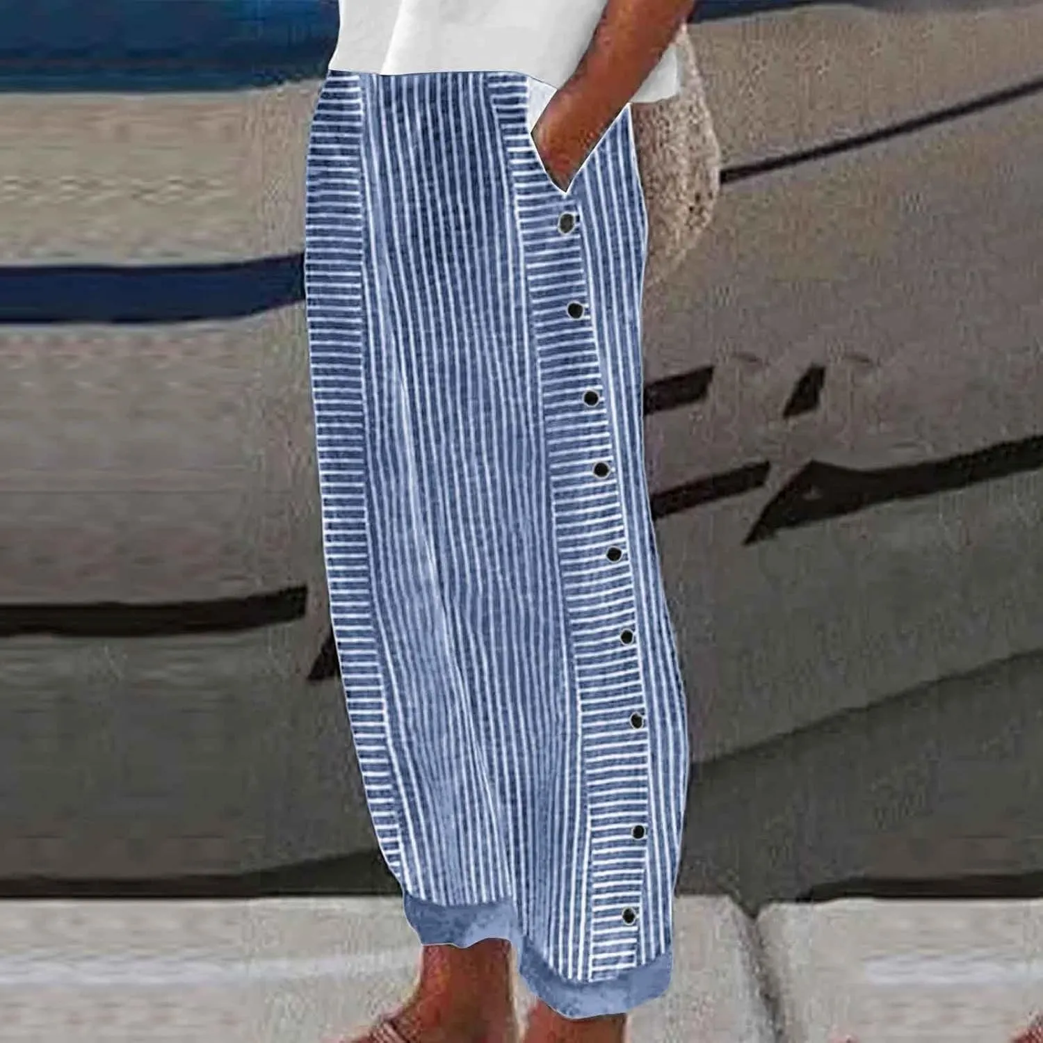 Casual Pants for Women Striped Side Button Elastic Waist Trendy Pants Straight Leg Lightweight Trousers with Pocket