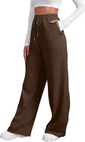Casual Yoga Sweatpants for Women High Waisted Wide Leg Pants Loose Fit Drawstring Elastic Waist Trousers with Pockets Brown