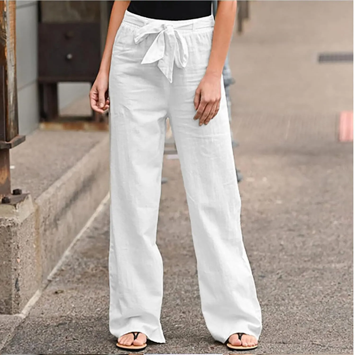 Ceboyel Womens Linen Casual Pants Summer Lounge Trousers Drawstring Straight Leg Pants Boho Beach Vacation Outfits 2023