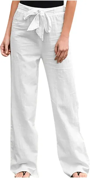 Ceboyel Womens Linen Casual Pants Summer Lounge Trousers Drawstring Straight Leg Pants Boho Beach Vacation Outfits 2023