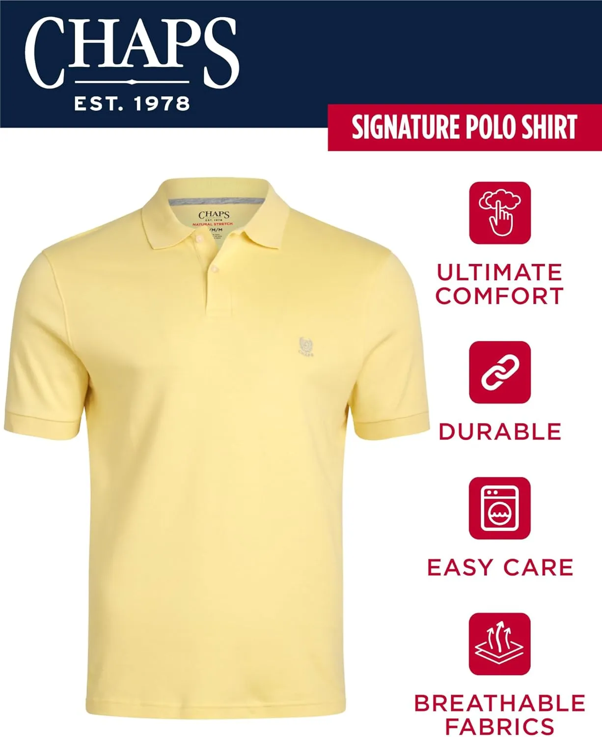 Chaps Men's Polo Shirt - Classic Fit Short Sleeve 2-Button Double Knit Cotton Polo Shirt (S-XL)
