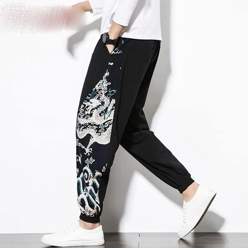 Chinese Dragon Harem Pants, Men's Joggers Sweatpants, Japanese Streetwear Trousers