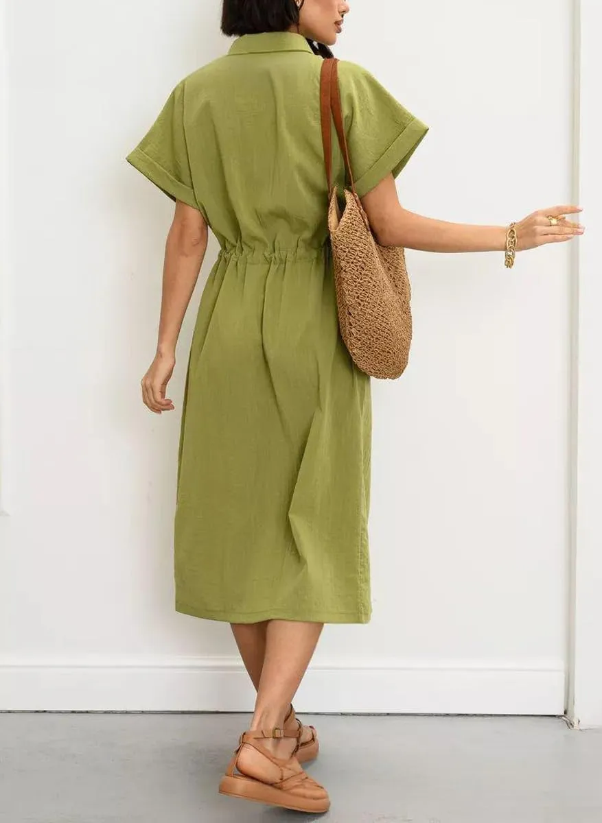 chouyatou Women's Summer Button Down Shirt Dress High Elastic Waist Boho Beach Midi Long Tunic Dress