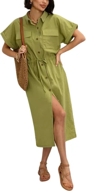 chouyatou Women's Summer Button Down Shirt Dress High Elastic Waist Boho Beach Midi Long Tunic Dress