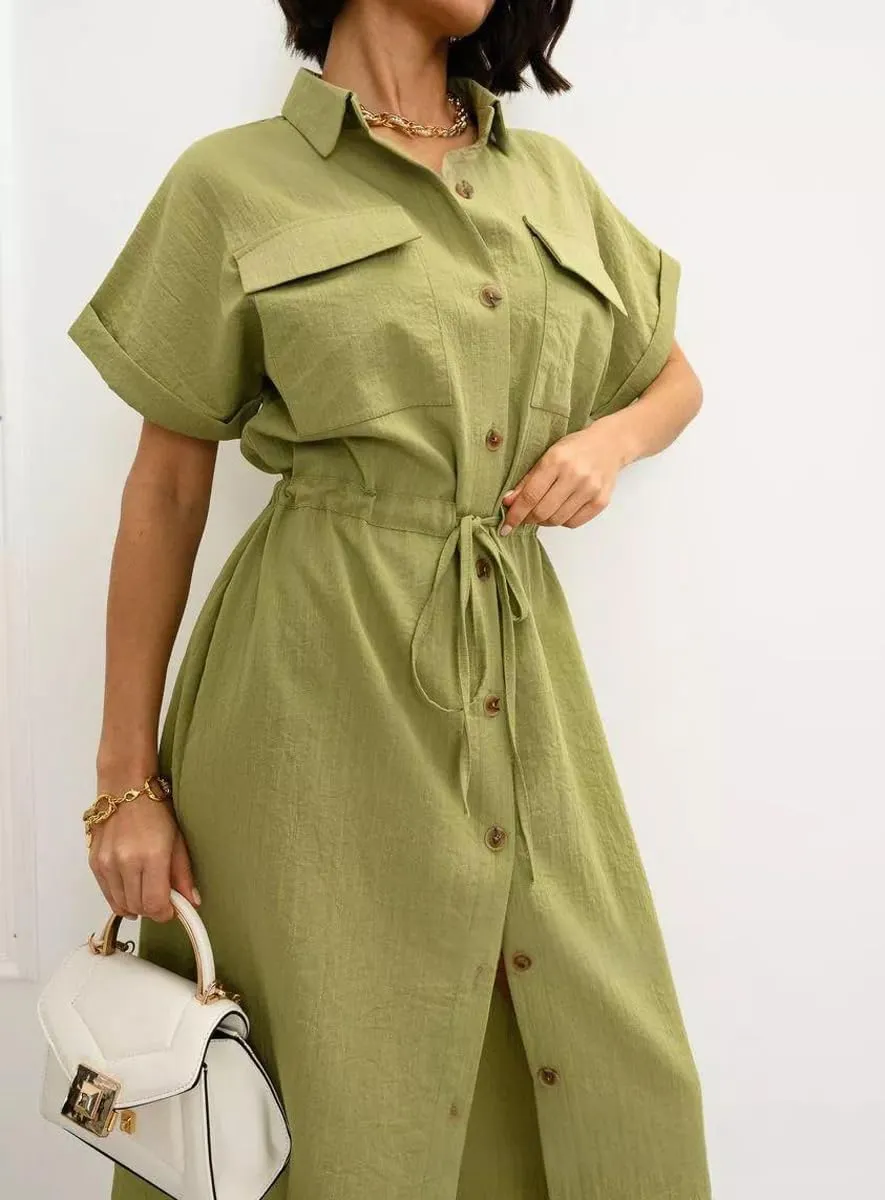 chouyatou Women's Summer Button Down Shirt Dress High Elastic Waist Boho Beach Midi Long Tunic Dress