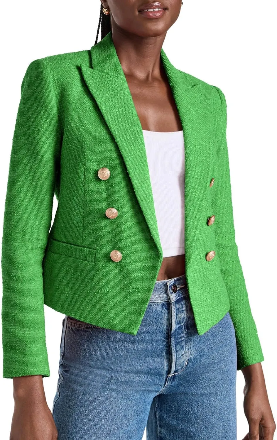 Cicy Bell Women Cropped Tweed Blazer Jackets Lapel Open Front Long Sleeve Business Suit Jackets with Pocket