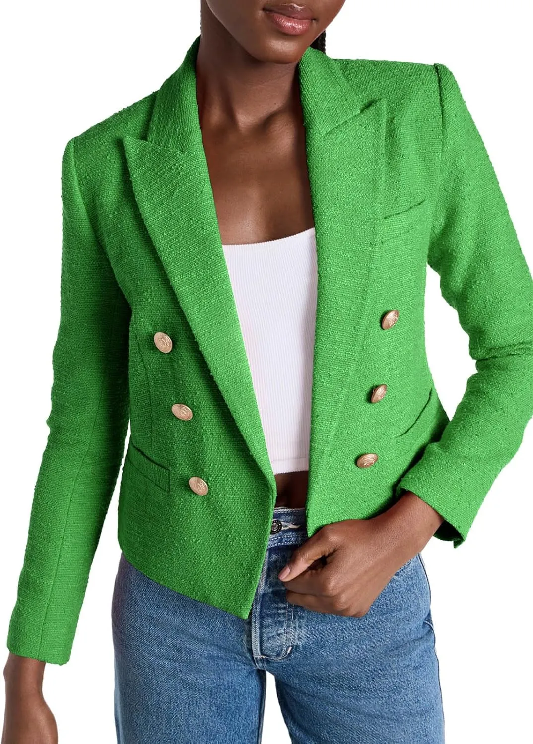 Cicy Bell Women Cropped Tweed Blazer Jackets Lapel Open Front Long Sleeve Business Suit Jackets with Pocket