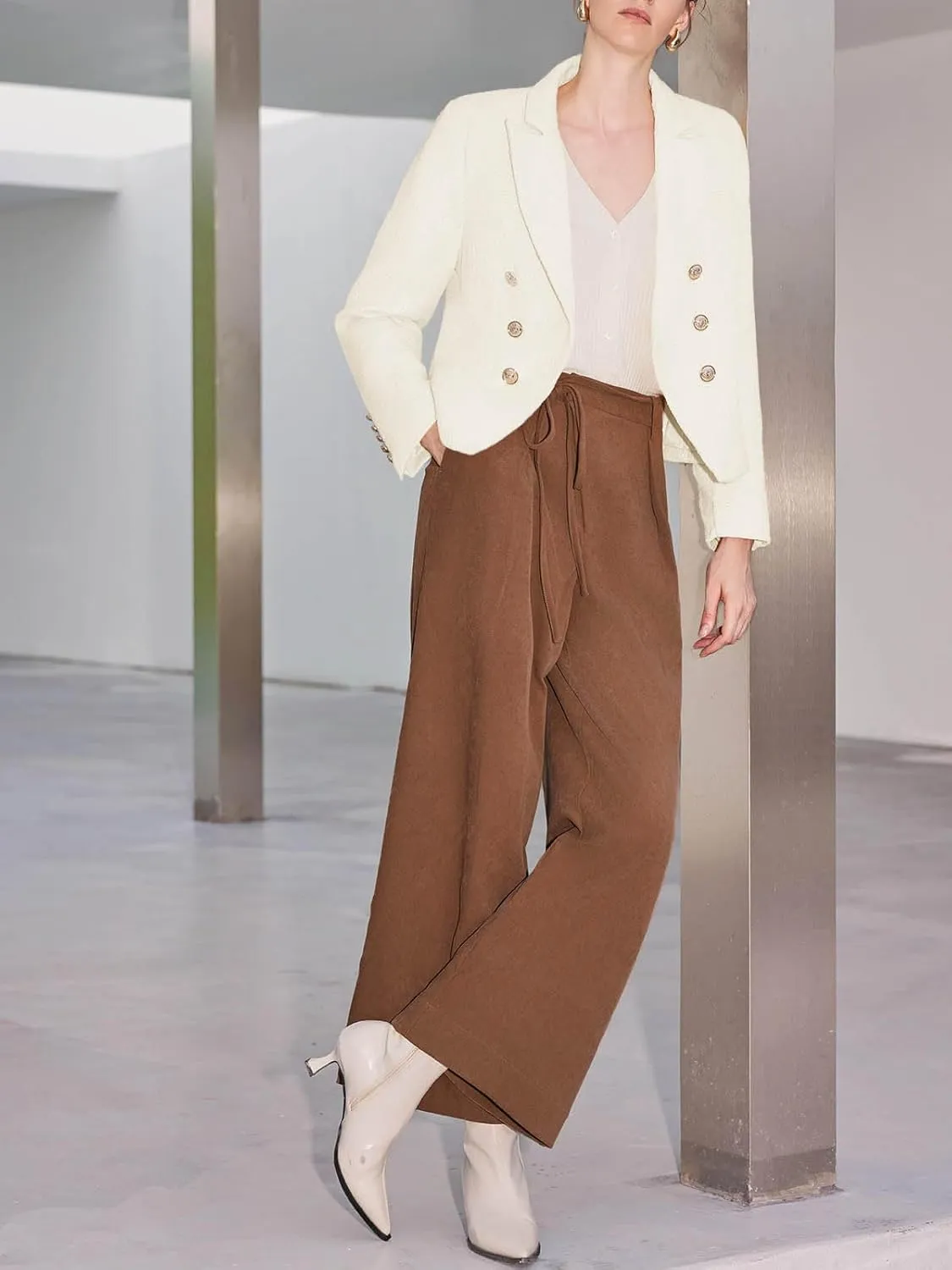 Cicy Bell Women Cropped Tweed Blazer Jackets Lapel Open Front Long Sleeve Business Suit Jackets with Pocket