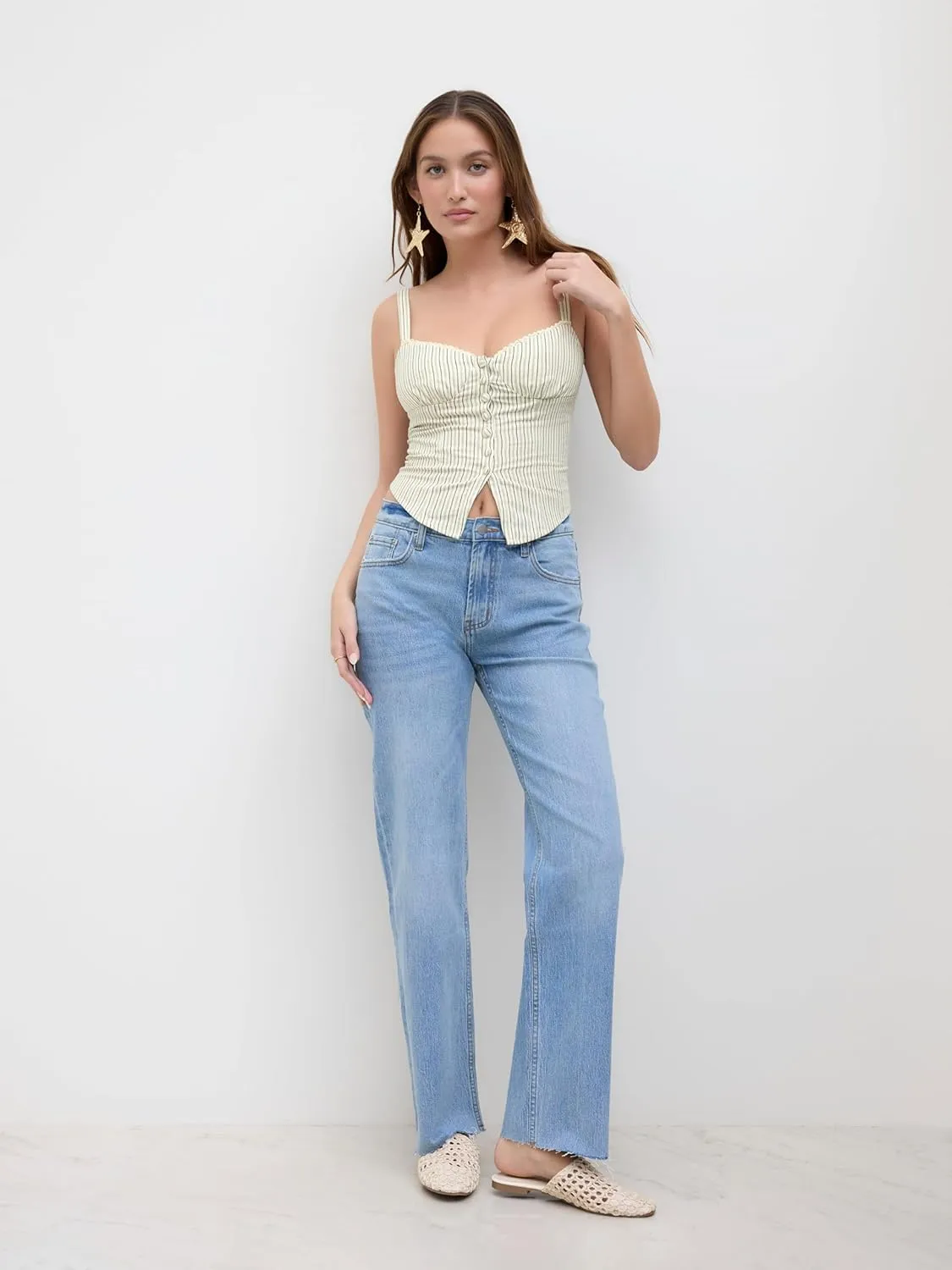 CIDER Tank Top Striped Shirred Cami Top Sweetheart Neck Sleeveless Button Down Blouse Shirts for Women