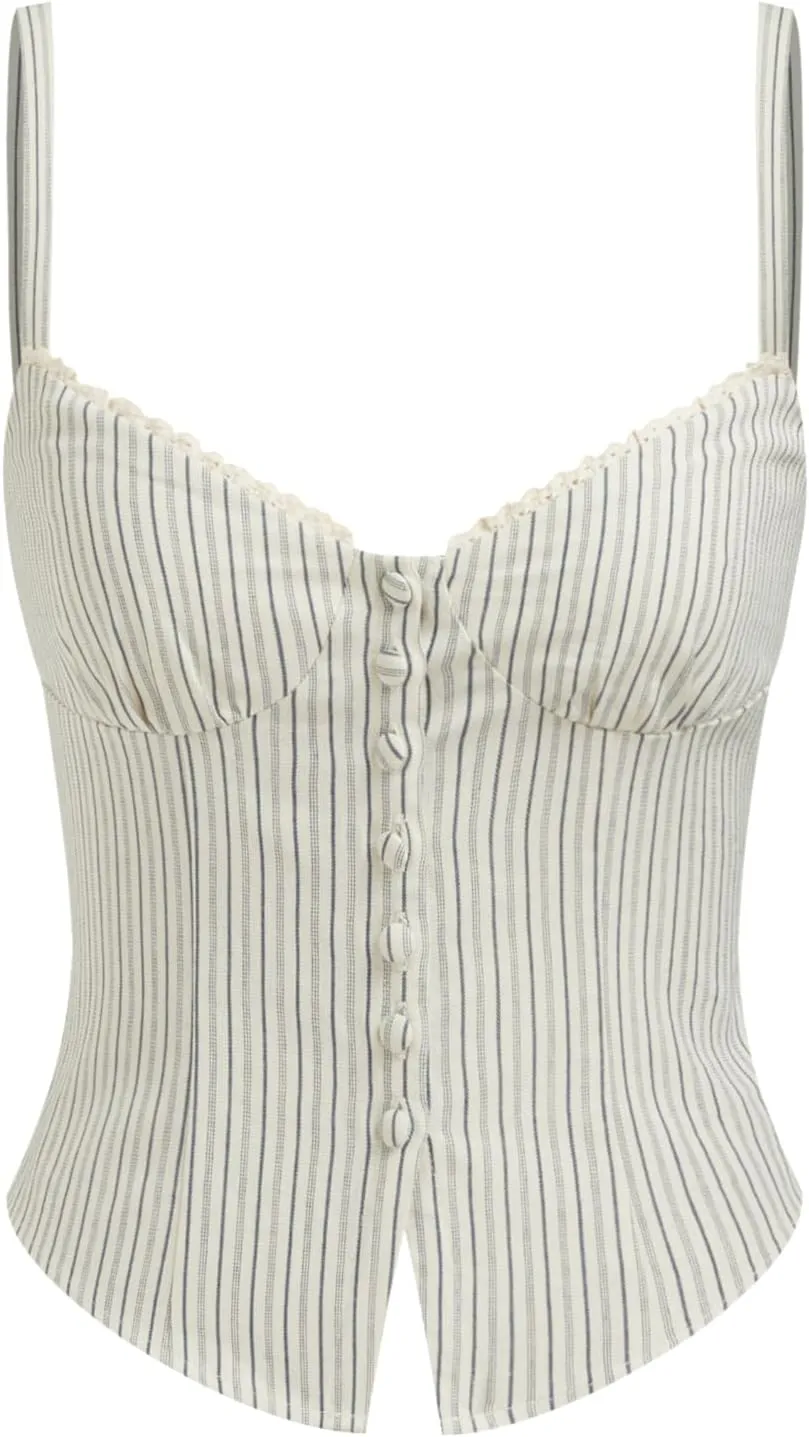 CIDER Tank Top Striped Shirred Cami Top Sweetheart Neck Sleeveless Button Down Blouse Shirts for Women