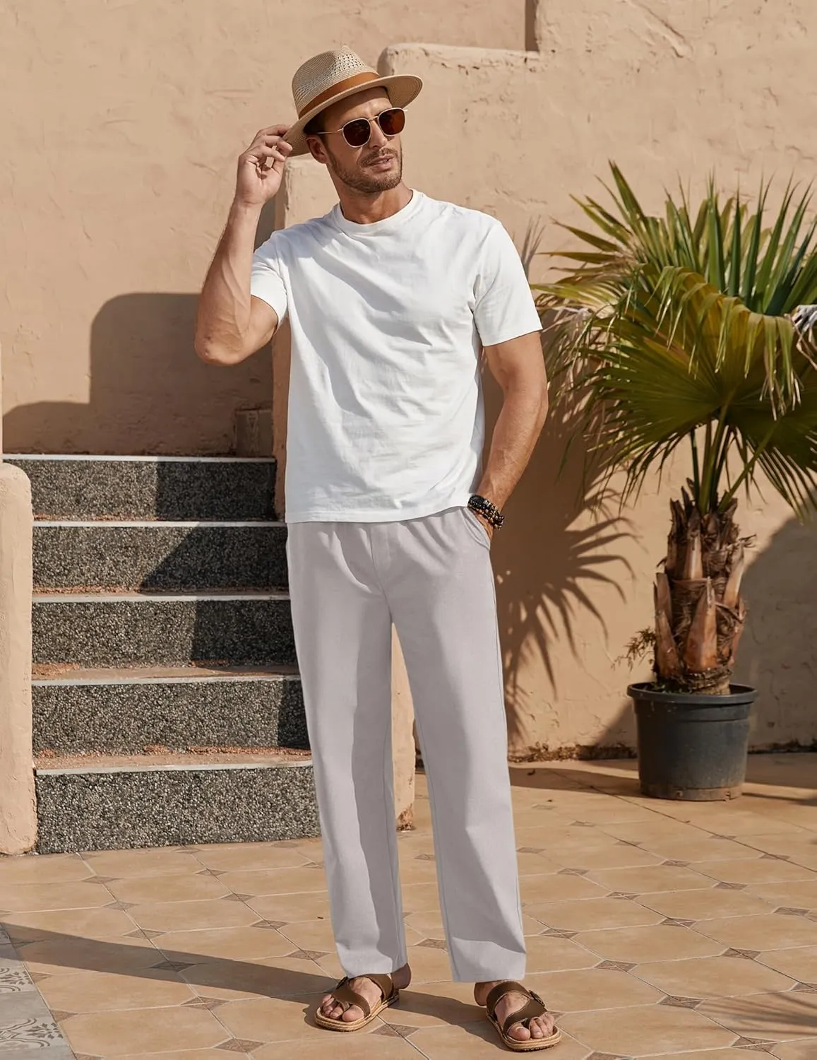 COOFANDY Men's Casual Linen Pants Loose Fit Elastic Waist Drawstring Lightweight Pant Summer Beach Trousers