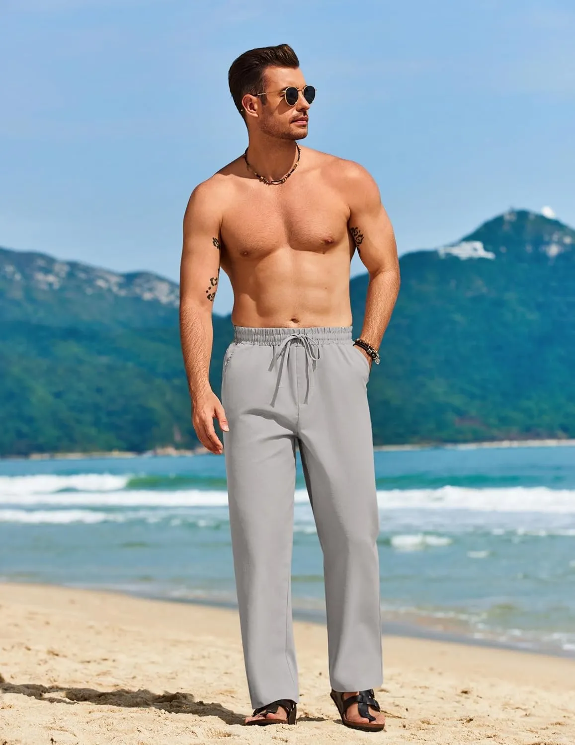 COOFANDY Men's Casual Linen Pants Loose Fit Elastic Waist Drawstring Lightweight Pant Summer Beach Trousers
