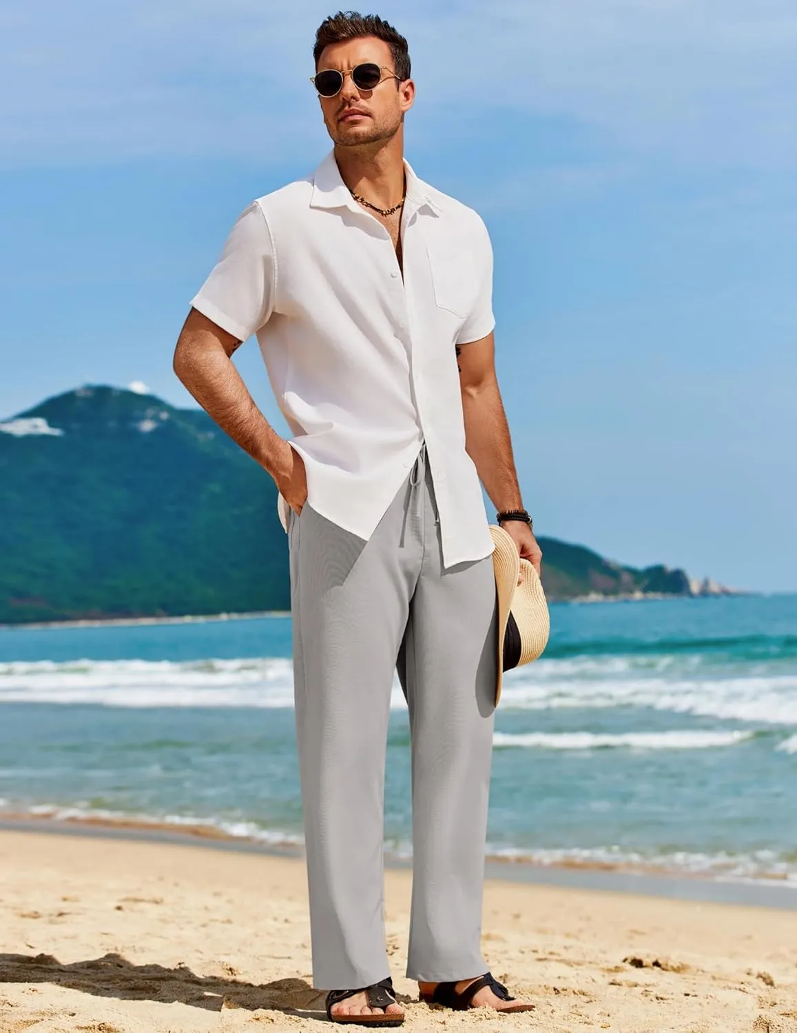 COOFANDY Men's Casual Linen Pants Loose Fit Elastic Waist Drawstring Lightweight Pant Summer Beach Trousers