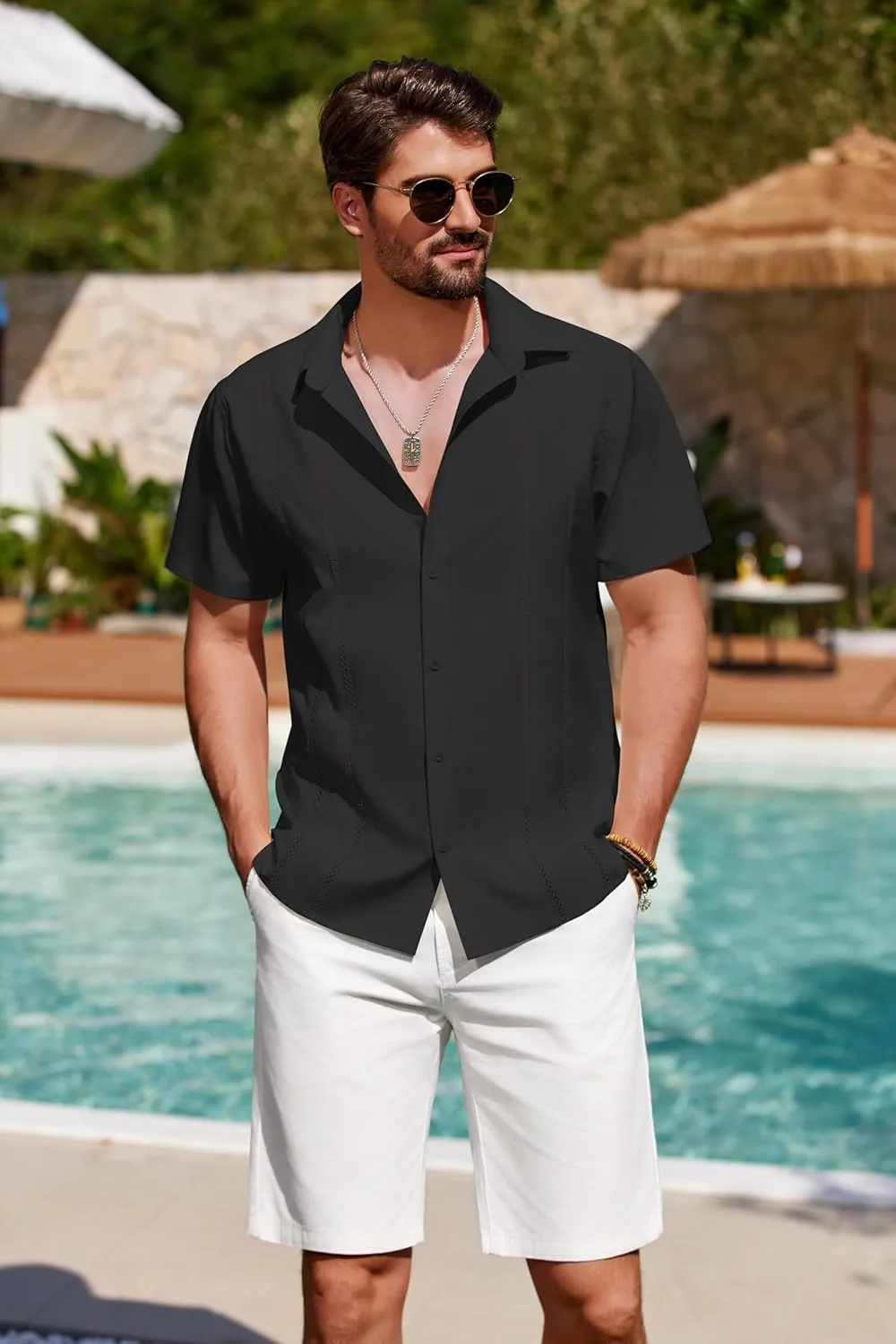 COOFANDY Men's Cuban Guayabera Shirt Summer Beach Vacation Shirt Casual Short Sleeve Button Down Resort Wear