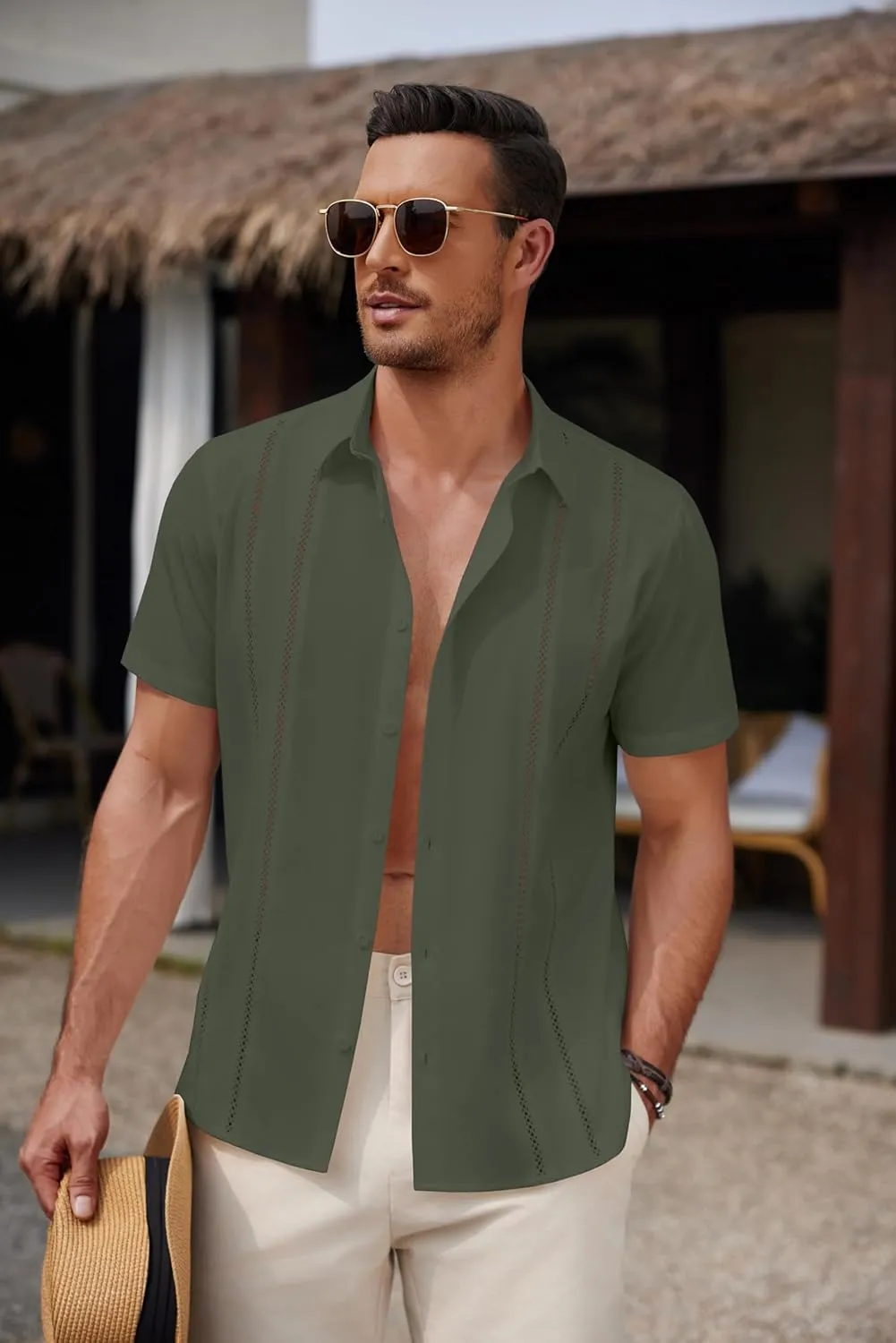 COOFANDY Men's Cuban Guayabera Shirt Summer Beach Vacation Shirt Casual Short Sleeve Button Down Resort Wear